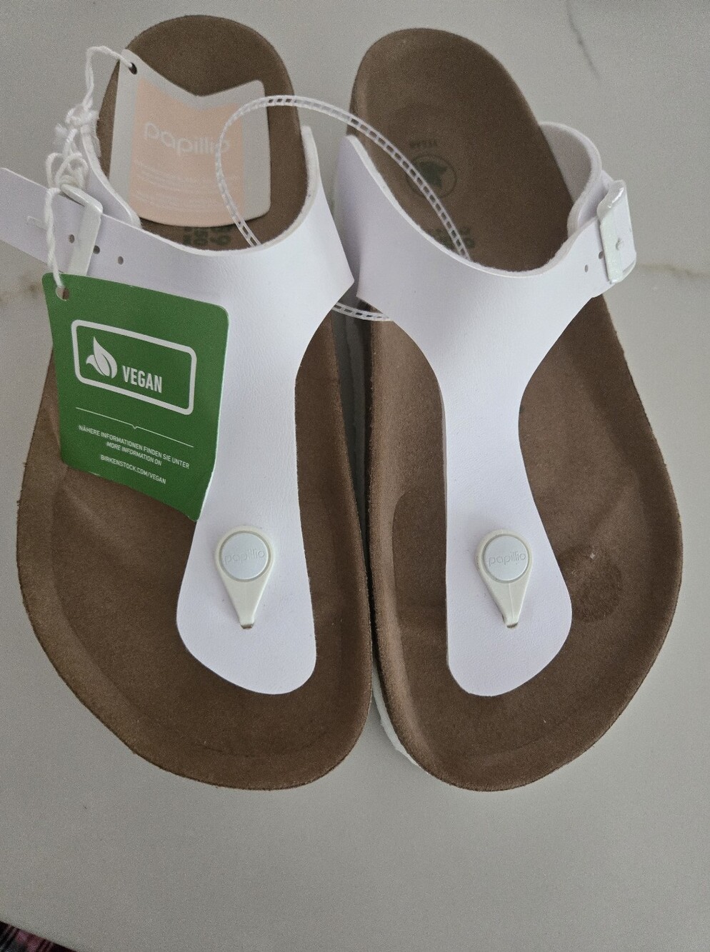 Papillio White Vegan T-Strap Sandals with Brown Footbed